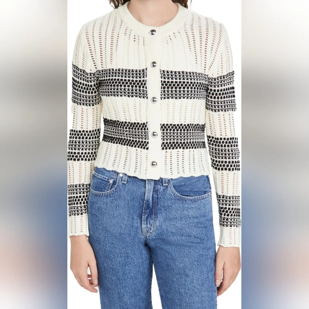 Ramy Brook Sarah Striped Cardigan Knitted Black White Buttons XL - Picture 11 of 11